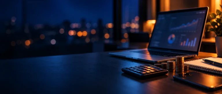 Scrivania di lavoro con laptop e calcolatrice per calcolare il budget di Google Ads di una PMI